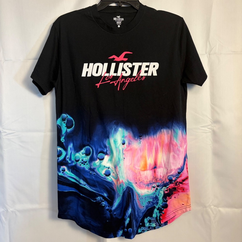 Hollister Mens Small Black Graphic T-Shirt Curved Hem Longline Los Angeles Print